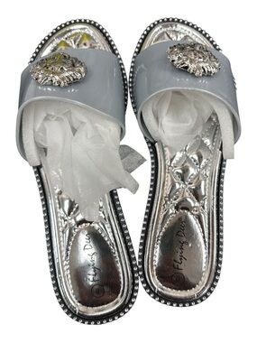 Gray Patent Slide Sandals with Silver Medallion